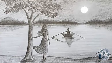 نقاشی منظره برکه و قایق روی آب با مداد سیاه