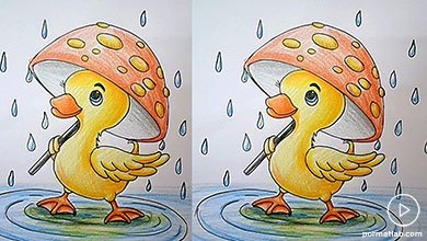 آموزش مرحله به مرحله نقاشی اردک با چتر
