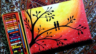 نقاشی دو مرغ عشق روی درخت
