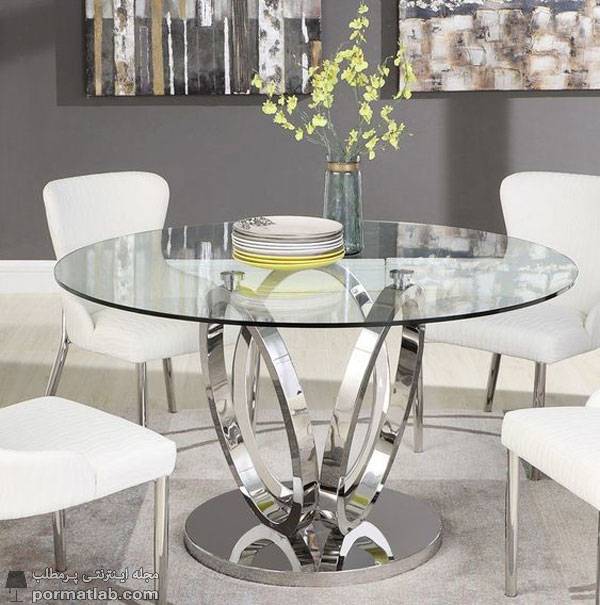 مدل میز ناهارخوری شیشه ای گرد ساده با پایه فلزی