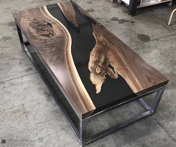 مدل میز جلو مبلی استیل با رویه‌ی چوب و رزین 
